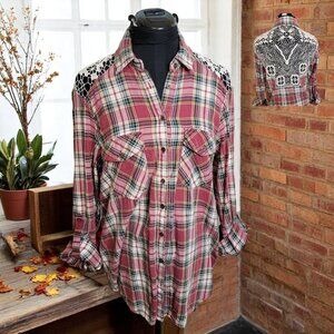 Altar'd State Plaid Button Down with Lace Back, Size S